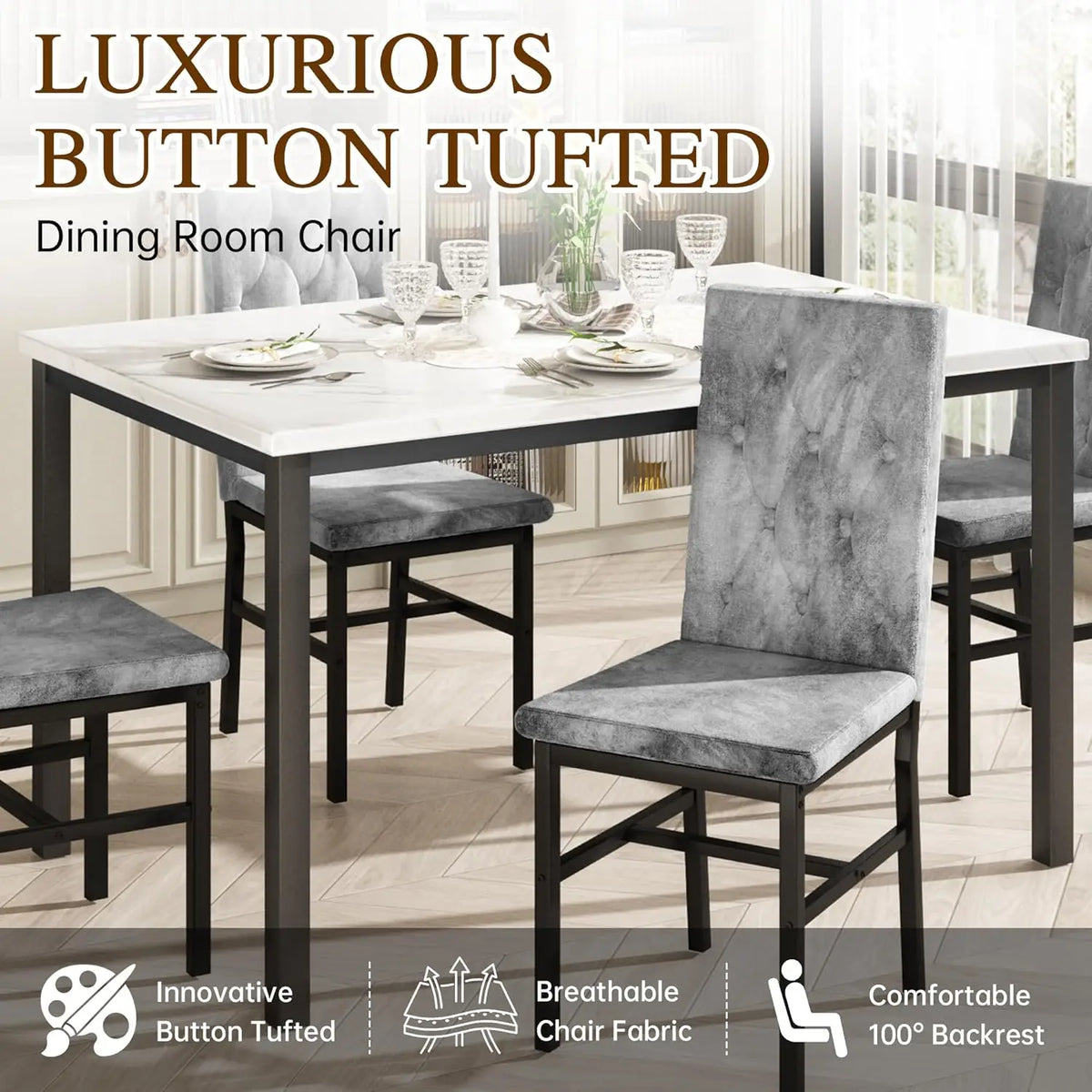 Dining Table Set for 4, Faux Marble Small Kitchen Table Chairs Set of 4 with Luxurious Button Tufted Dinner Chairs