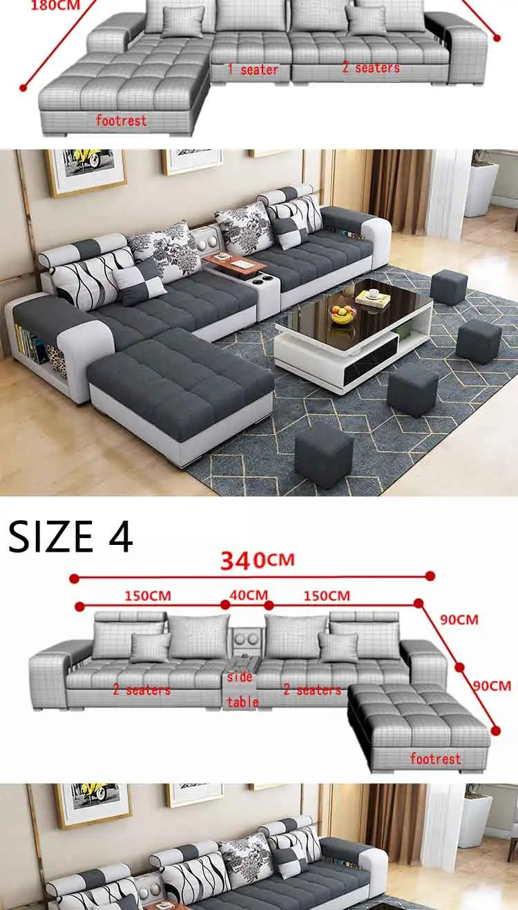 Modern Fabric Sofa Set Furniture Living Room Sofa Set with USB and Stools U Shape Cloth Couch Sofas for Home Furniture 1903
