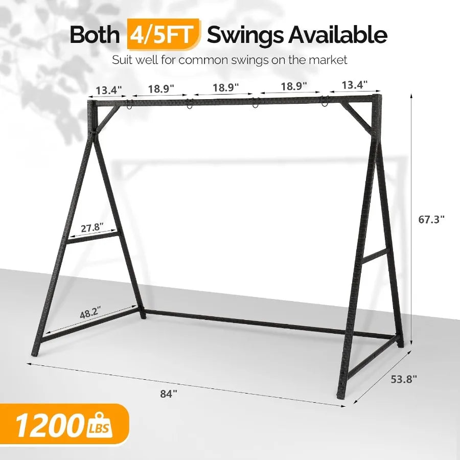 Outdoor Wicker Porch Swing With Stand Heavy Duty 800 LBS Rattan Hanging Set With Cushions 4FT for Yard Garden Lawn Black Durabl
