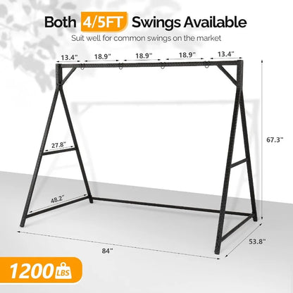 Outdoor Wicker Porch Swing With Stand Heavy Duty 800 LBS Rattan Hanging Set With Cushions 4FT for Yard Garden Lawn Black Durabl