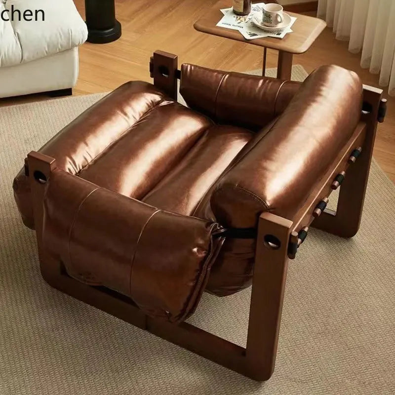 Single sofa chair medium antique solid wood retro home leisure bedroom leather