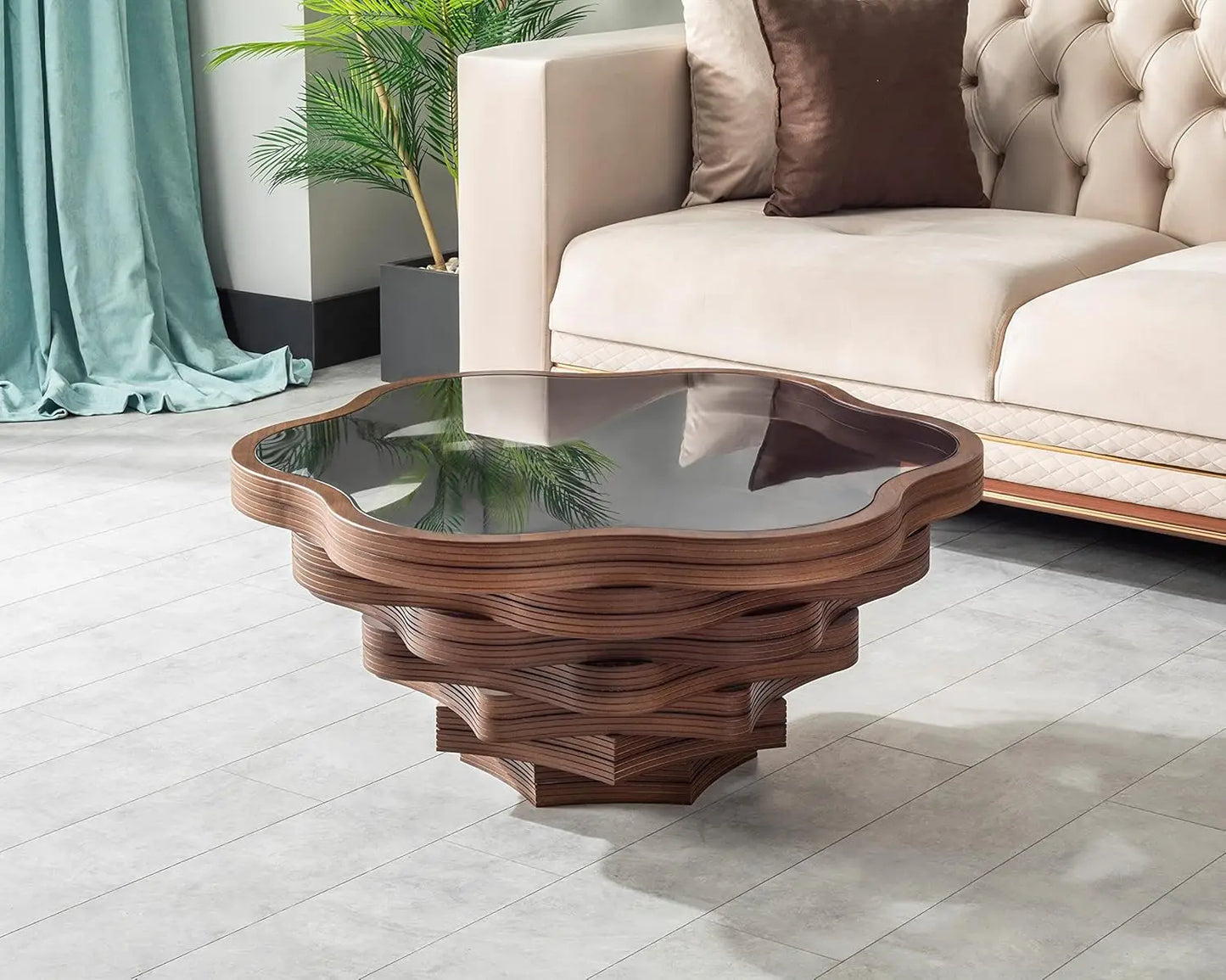 Table basse en bois en spirale avec plateau en verre, artisanale, moderne, pour salon, bureau, café, décoration, personnalisable