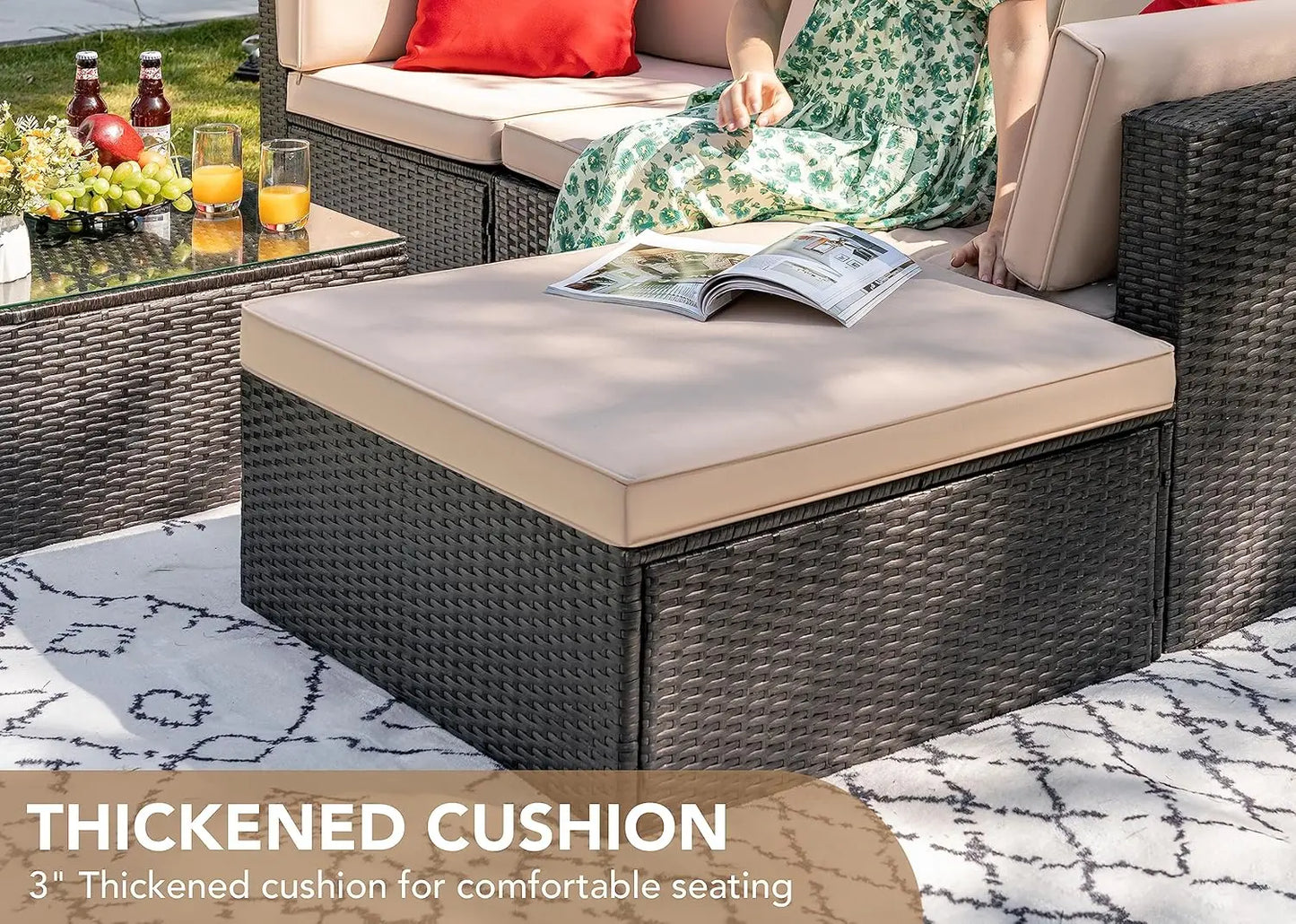 ts All Weather Outdoor Sectional Patio Sofa Manual Weaving Wicker Rattan Patio Seating Sofas with Cushion and Glass Table (Beige