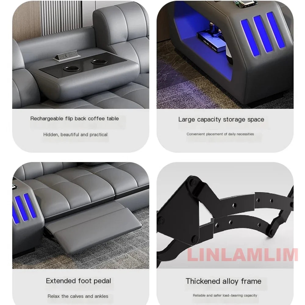 Modern Sectional Sofa Bed with LED Light, Electric Recliner and Massage | Living Room Genuine Leather Couch with Cup Holder, USB
