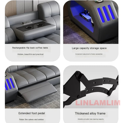 Modern Sectional Sofa Bed with LED Light, Electric Recliner and Massage | Living Room Genuine Leather Couch with Cup Holder, USB