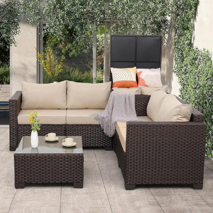 Outdoor Patio Furniture Set 4 Piece， Brown Rattan Sectional Sofa Couch PE Wicker Conversation Sets with Storage Box Glass Top Ta
