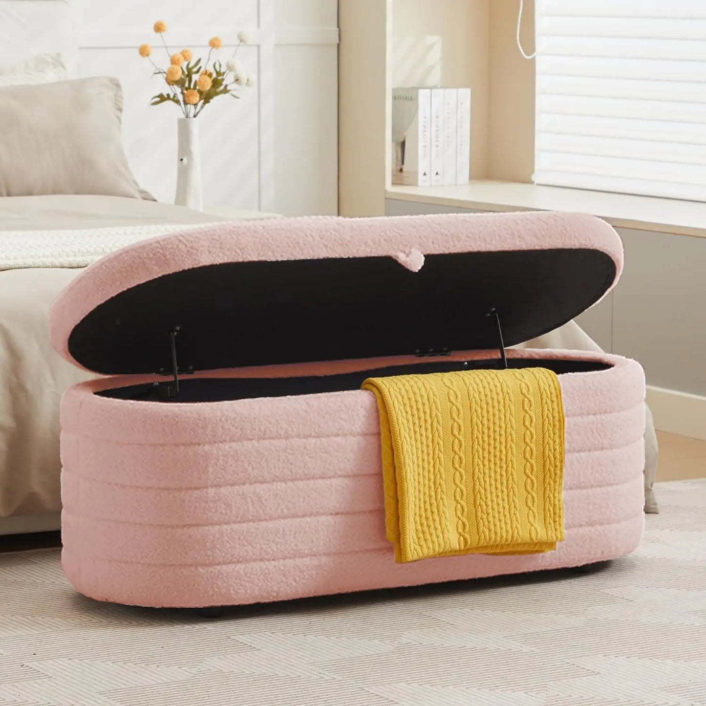 TODRANI 45" Storage Ottoman Bench, 300 Lb Capacity Teddy Upholstered, Safety Hinge, Flip-Top Oval Foot Rest With Foot Pads