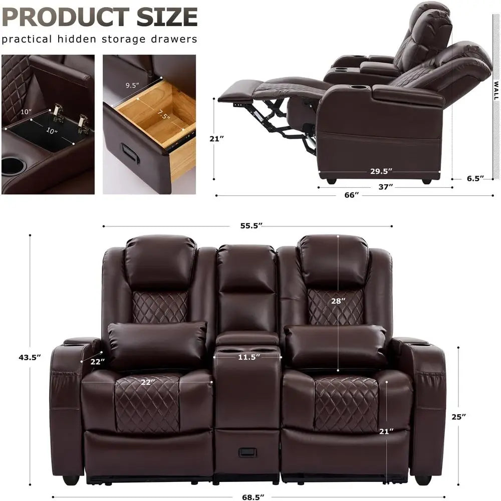 Brown Leather Loveseat Recliner with Double Recline, Center Console, and 2 Pillows for Comfortable Seating
