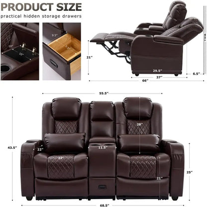 Brown Leather Loveseat Recliner with Double Recline, Center Console, and 2 Pillows for Comfortable Seating