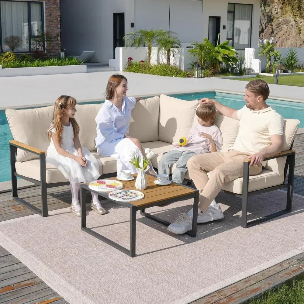 "6-Piece L-Shaped Patio Set - Outdoor Sectional Sofa w/ Faux-Wood Side Table, All-Weather Conversation Group"