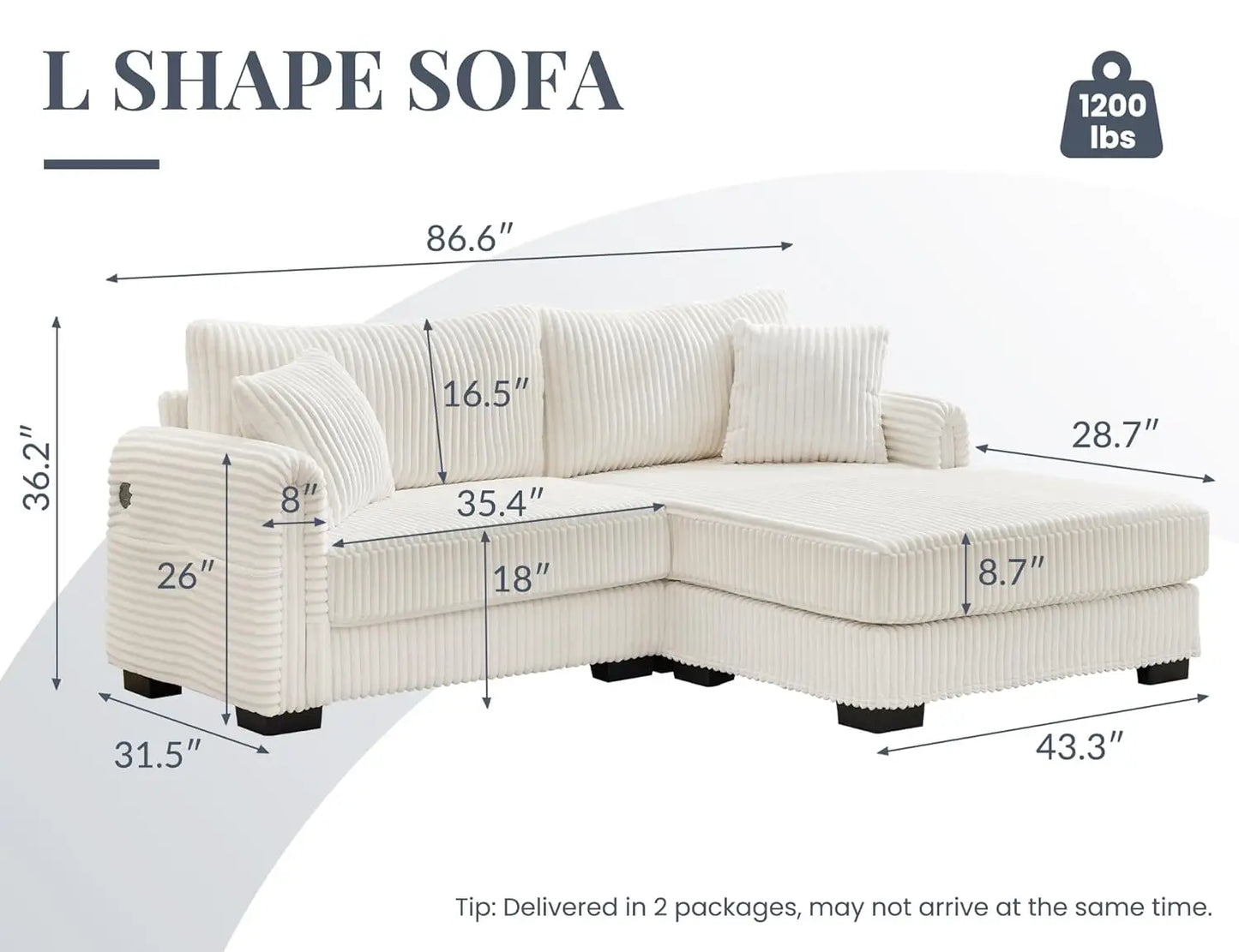L-Shaped Sectional Sofa, Oversized Loveseat Corduroy Couch with Reversible Chaise, USB Charging Port, Side Pocket, Deep Seat Cor