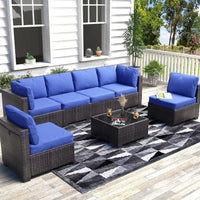 7 Piece Outdoor Patio Furniture Set with PE Rattan Conversation Sofa Thick Cushioned Wicker Patio Set Featuring Glass Top Coffe