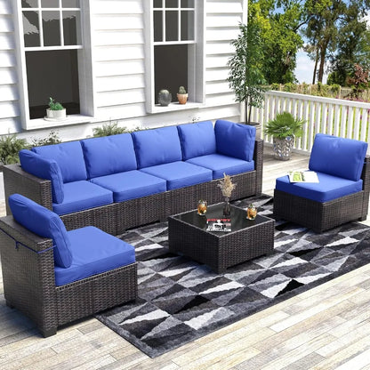 7 Piece Outdoor Patio Furniture Set with PE Rattan Conversation Sofa Thick Cushioned Wicker Patio Set Featuring Glass Top Coffe