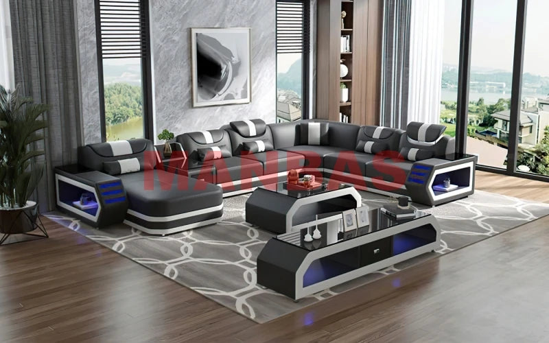 Modern LED Light Genuine Leather Sectional Sofa Set with Storage Shelves, USB Charging Ports, Cup Holder and Contemporary Design