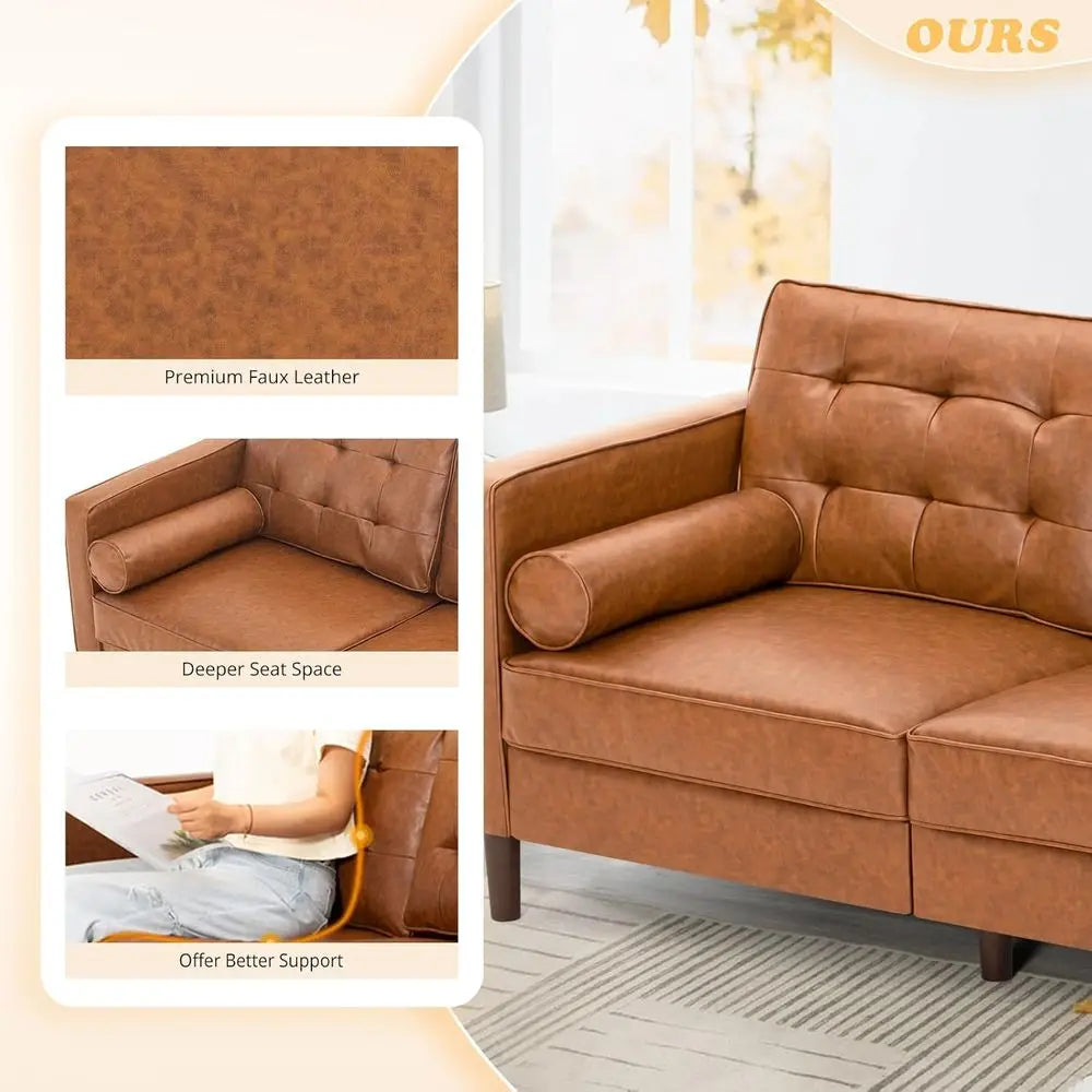 Brown Premium 3-Seater Faux Leather Sofa with Tufted Back & 2 Pillows for Living Spaces