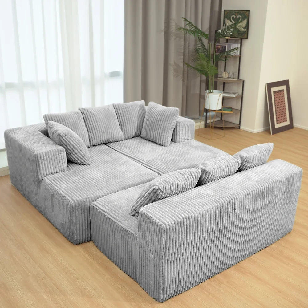 Customizable U-Shaped Sectional Sofa,130-inch 4-Seater Chaise Lounge with Striped Corduroy Fabric  Customizable Living Room or B