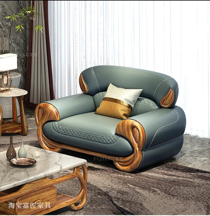 Ebony leather sofa living room new Chinese villa modern light luxury high-end sofa combination