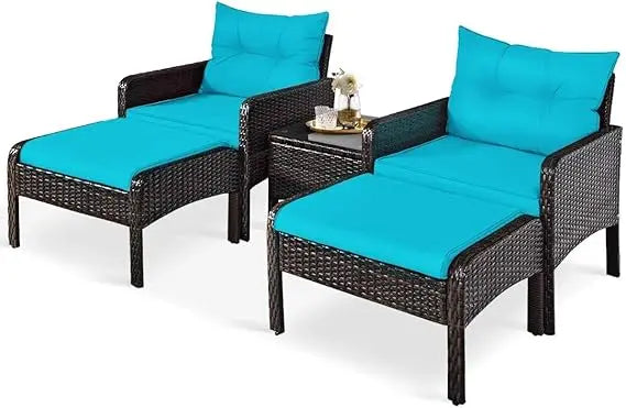 5Pieces Patio Furniture Set Outdoor Rattan Wicker Conversation Set with Coffee Table Cushioned Sofas and Ottoman Chat Set for G