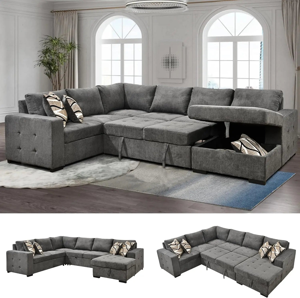 Sectional Sleeper Sofa Couch with Pull Out Bed and Storage Chaise, U Shape Sectionals Sofas, Oversized Sectionals Couches
