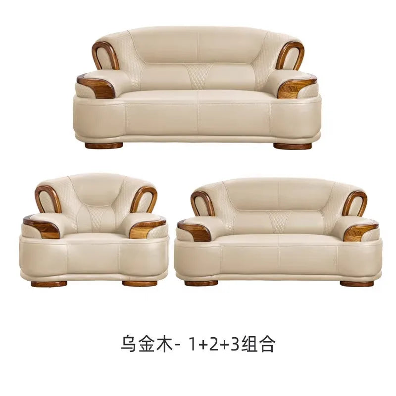 Ebony leather living room sofa combination modern simple light luxury new Chinese style solid wood first layer cowhide furniture