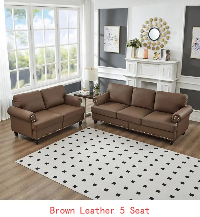 Modern Classic Design 2+3 Seater Loveseat & Sofa Leather Couch, Upholstered Imitation Cowhide Leather in Brown