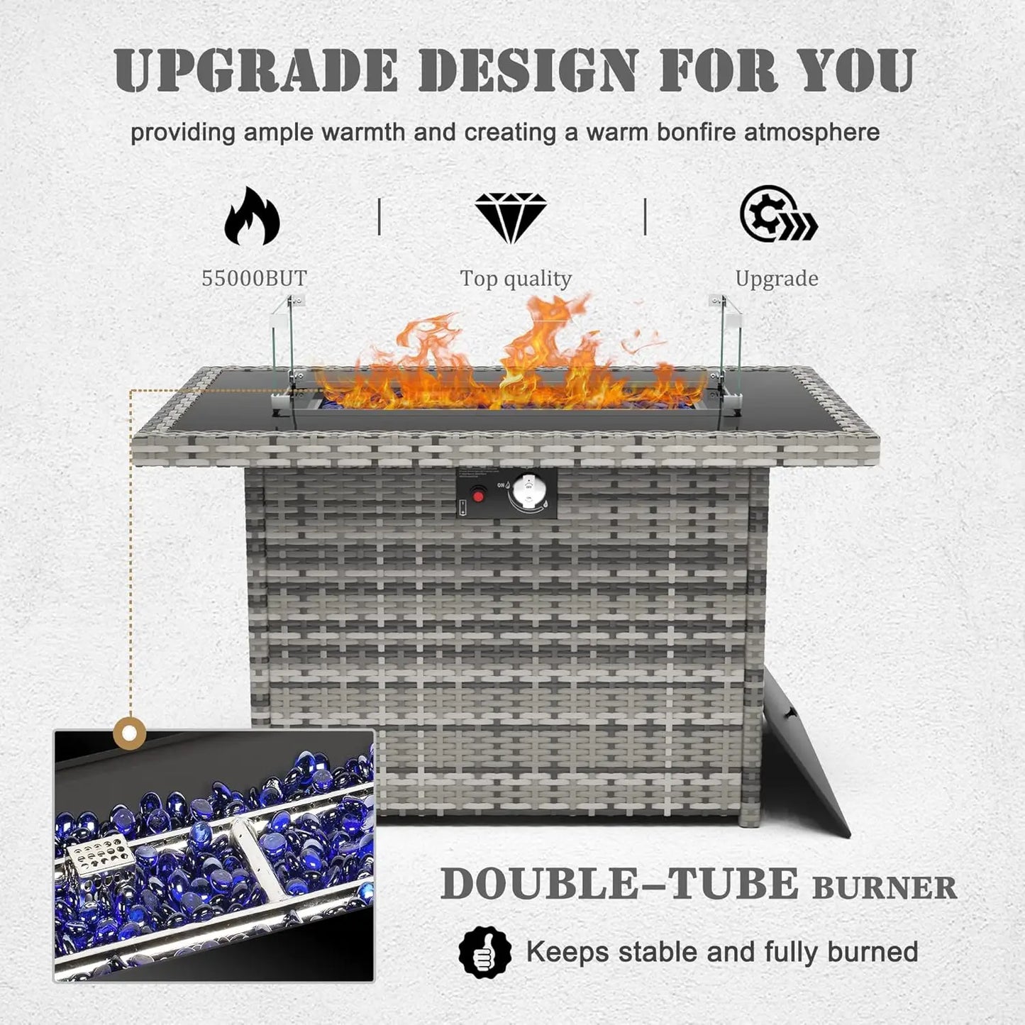 8 Pieces Patio Furniture Set with 44"  Fire Pit Table, Outdoor Sectional Wicker Conversation Sofa Sets with Coffee Table