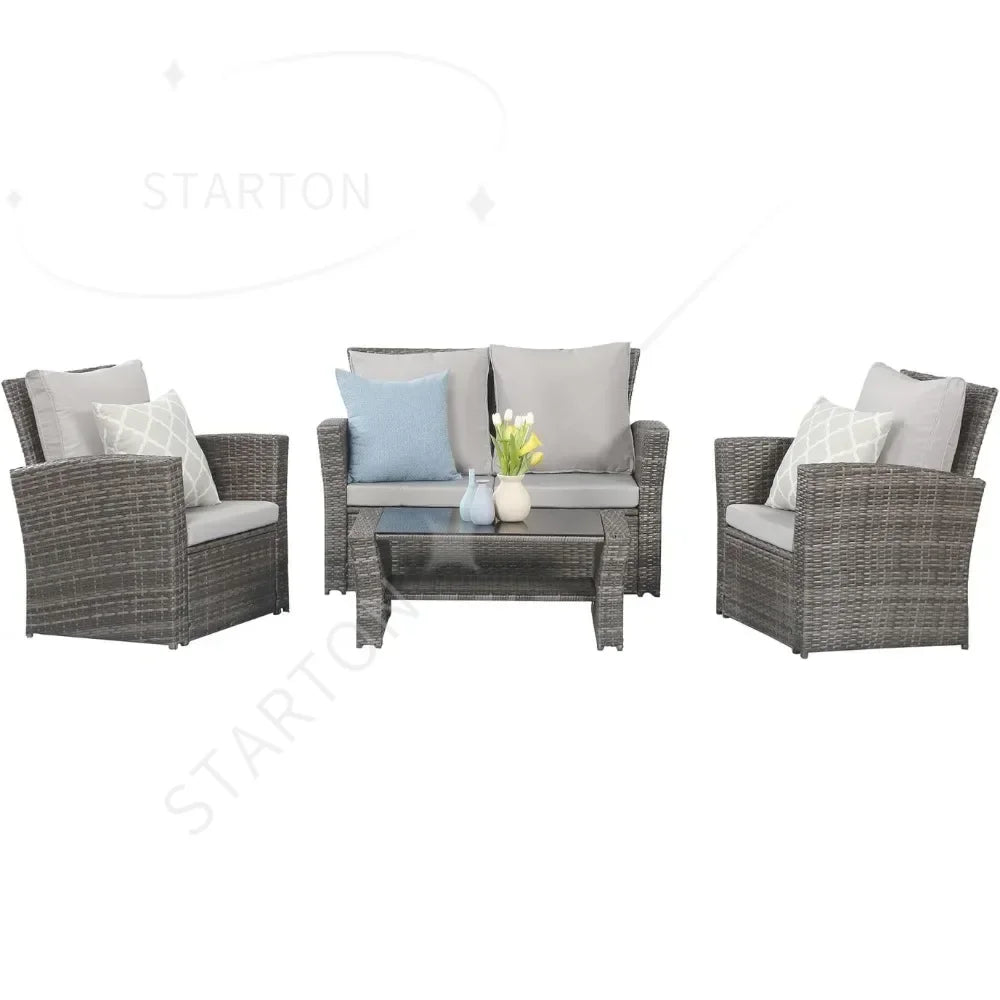 Top-Quality 4 Piece Outdoor Patio Furniture Sets, Wicker Conversation Set for Porch Deck