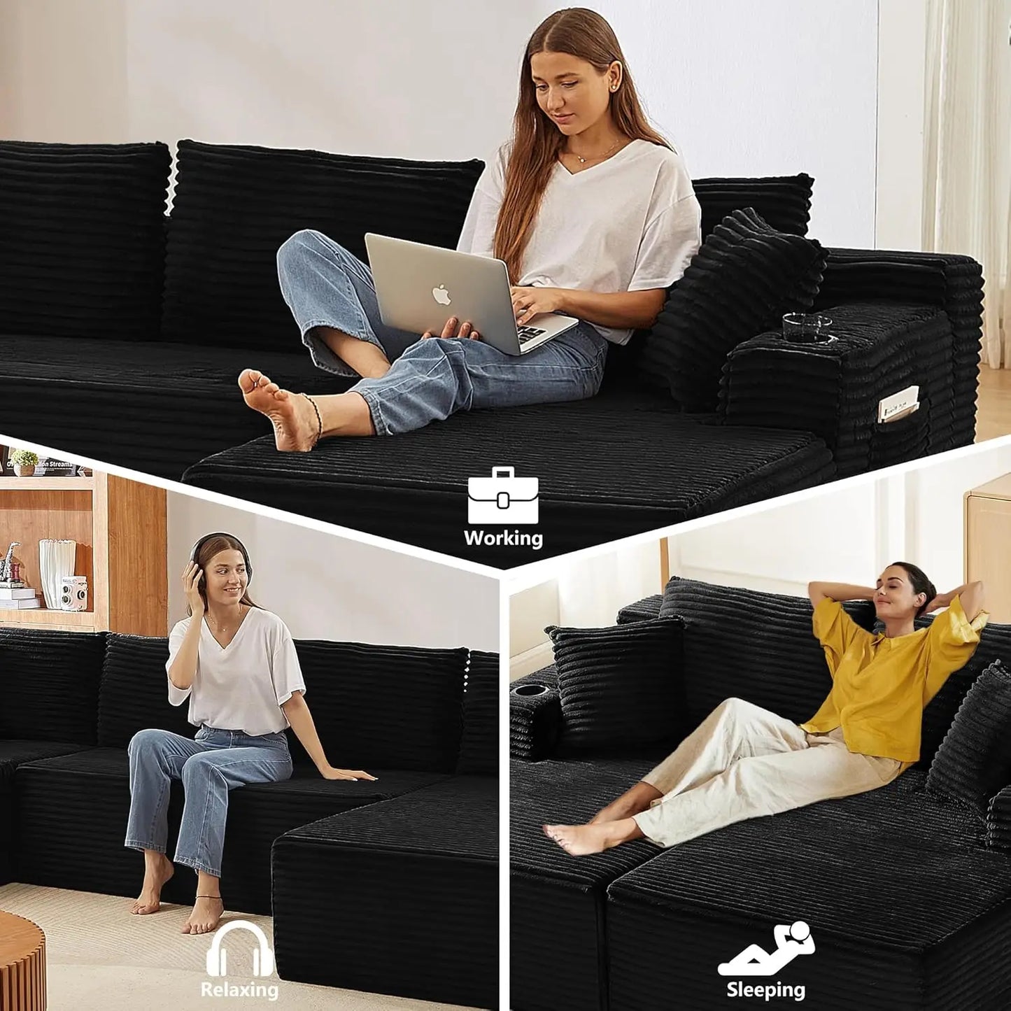 133.5" Black Corduroy Boneless Sectional Couches for Living Room, Oversized Plush U Shaped Cloud Couch Modular Sectional Sofa wi