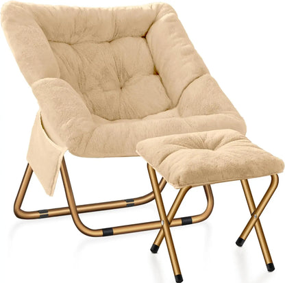 Comfy Saucer Chair, Foldable Living Room Chairs, Soft Faux Fur Lounge Chair For Bedroom, Reading Chairs For Adults