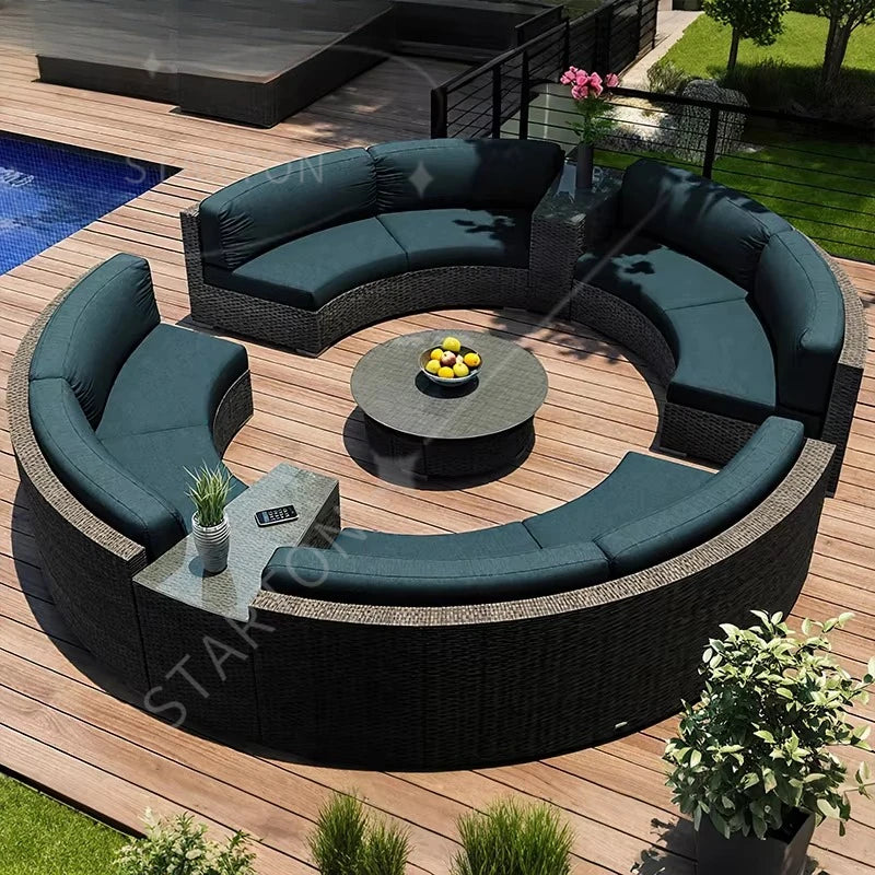 Outdoor Round Rattan Sofa Set Stay Garden Courtyard Curved Rattan Sofa Sectional for Home Outdoor Furniture Modern Patio Set