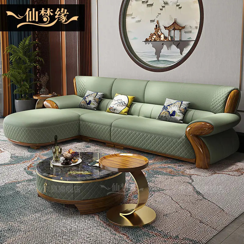 New leather sofa modern simple light luxury ebony solid wood new Chinese small apartment living room popular furniture