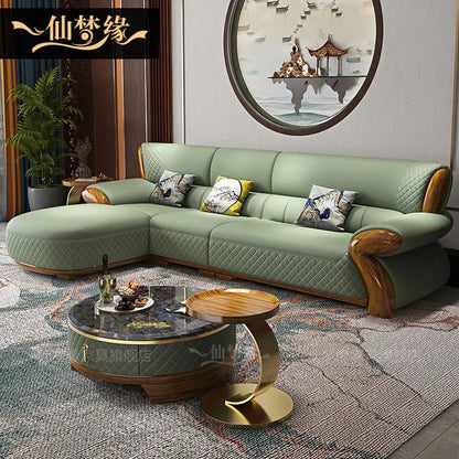 New leather sofa modern simple light luxury ebony solid wood new Chinese small apartment living room popular furniture