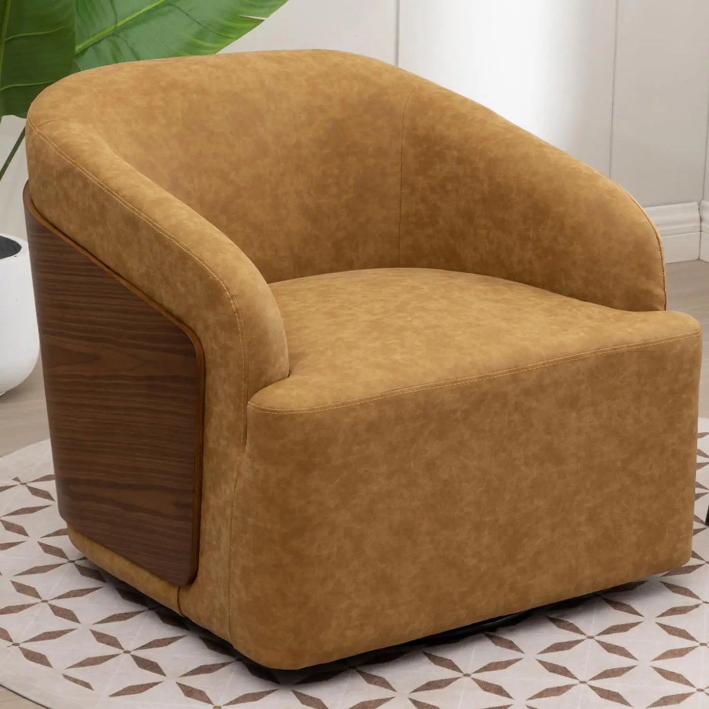Swivel Accent Chair Faux Leather Swivel Barrel Chair Comfortable Mid Century Modern Chair Upholstered Metal Base, Customized