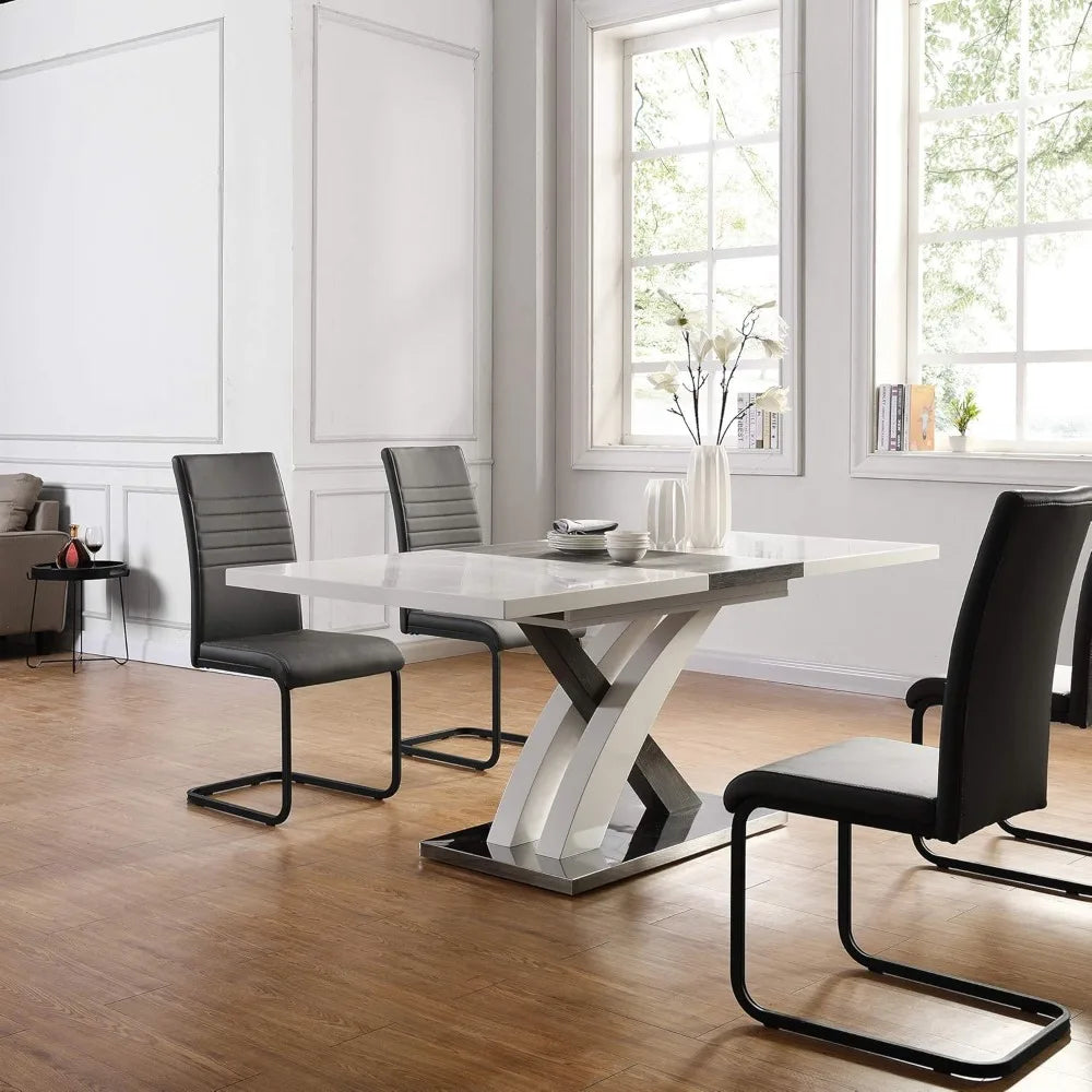 High Gloss White Extendable Dining Table 6 to 8-Seater with Stainless Steel Base