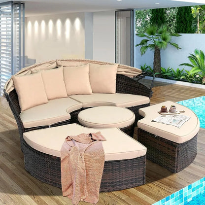 Terrace Circular Sofa Bed with  Canopy, Brown Wicker Furniture