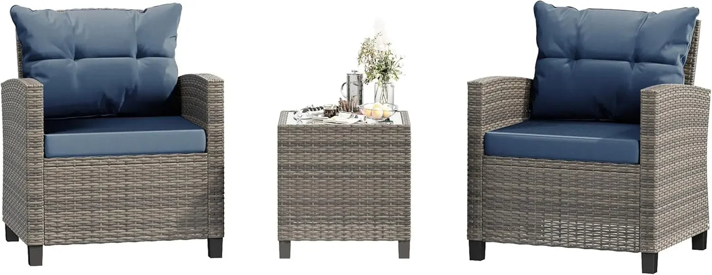 3 Pieces Patio Furniture Set 3 Pieces PE Rattan Wicker Chairs with Table Outdoor Furniture Brown Rattan with White Cushion