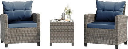 3 Pieces Patio Furniture Set 3 Pieces PE Rattan Wicker Chairs with Table Outdoor Furniture Brown Rattan with White Cushion
