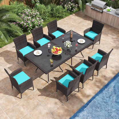 10 Piece Patio Dining Set All-Weather Wicker Outdoor Patio Furniture Set w/Tempered Glass Tabletop, Removable Cushions and Umbre