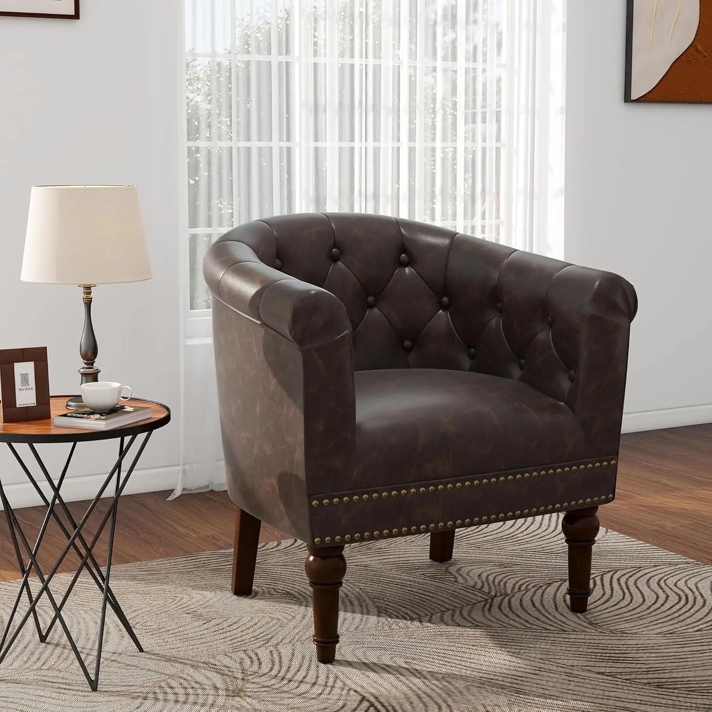 Pia Ricco Faux Leather Barrel Accent Chair, Modern Club Arm Chair Comfy Upholstered Single Sofa Chair with Solid Wood Legs and N