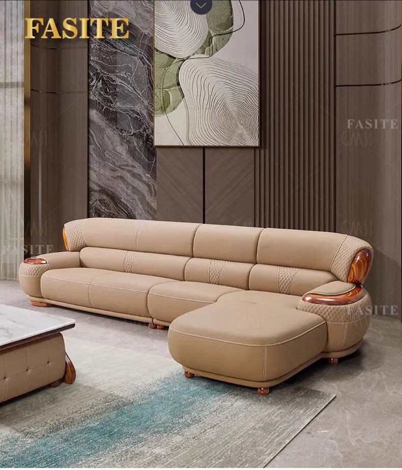 New Chinese ebony leather sofa high-end villa living room leather art home simple solid wood cowhide corner combination