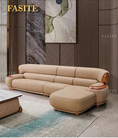 New Chinese ebony leather sofa high-end villa living room leather art home simple solid wood cowhide corner combination