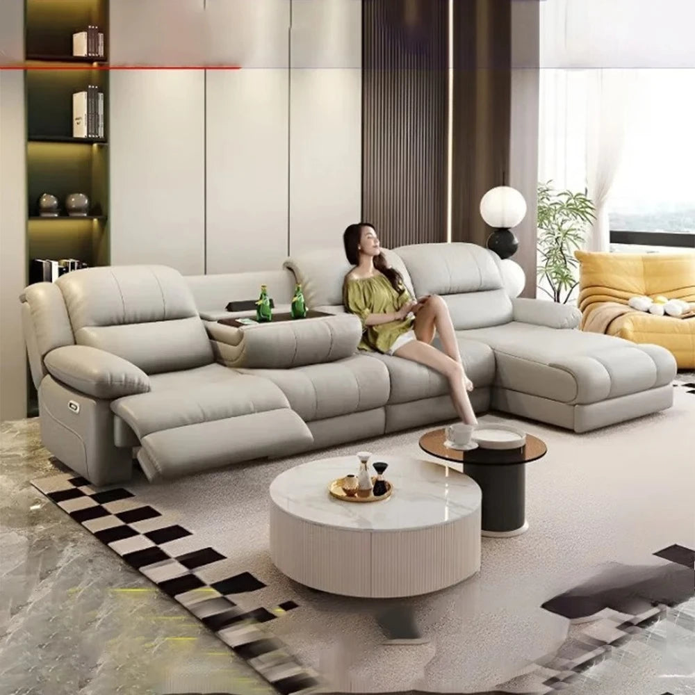 Modern Electric Reclining Sofa with Power Outlet, USB, and Hidden Cup Holders – Genuine Leather Recliner Couch for Living Room