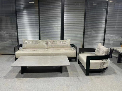 Modern Outdoor Furniture Set Waterproof Fire Pit with Teak Wooden Bench & Rattan Aluminum Cast Sofa Garden Living Room Hotels