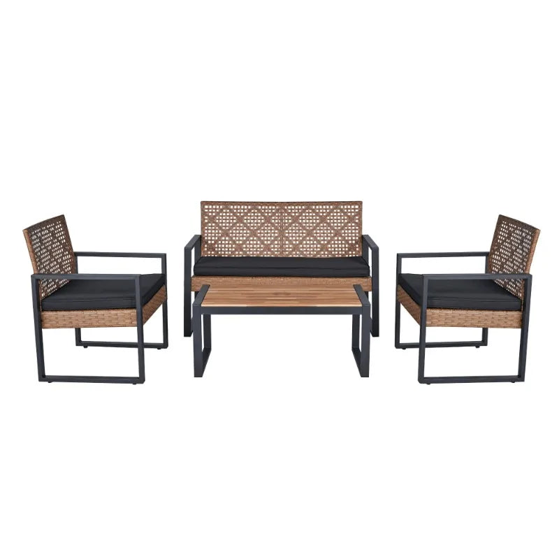 Brown Rattan Outdoor Patio Furniture Set 4 Pieces Garden Sofa Table Chairs with Cushions Weather Resistant