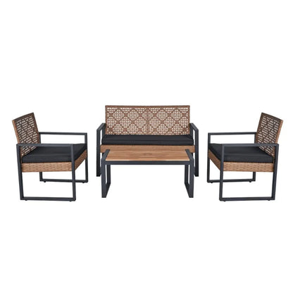 Brown Rattan Outdoor Patio Furniture Set 4 Pieces Garden Sofa Table Chairs with Cushions Weather Resistant