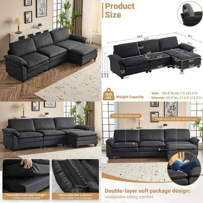 121 Inch Cloud Couch Comfortable Modular Sectional Sofa For Living Room Modern Linen 3-seat Convertible Loveseat Sofa Apartment