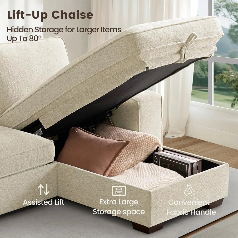 L-Shaped Sectional Couch with Storage, Sofa with Reversible Chaise, USB Type-C Charging, Chenille Fabric, Removable Cu