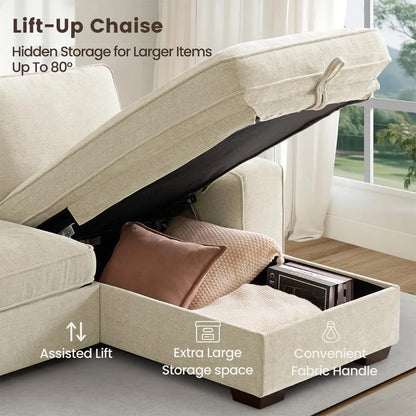 L-Shaped Sectional Couch with Storage, Sofa with Reversible Chaise, USB Type-C Charging, Chenille Fabric, Removable Cu