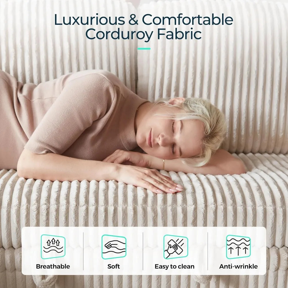Convertible Plush Corduroy Cloud Couch with Storage Chaise & USB Charging