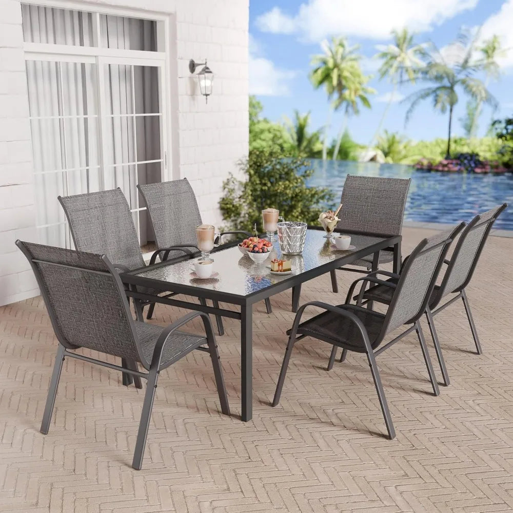 Patio Chairs Set of 6, Stackable Outdoor Dining Chairs Set with Breathable Seat Fabric, All-Weather Powder-Coated Metal Frame fo